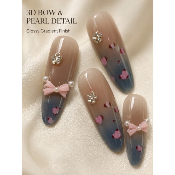 Blue French 3D Floral Press‑On Nails, Short Square Fresh & Gentle False Nails